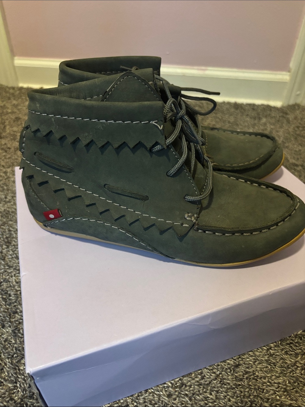 Green Suede Chukka Moccasin Boots with Zigzag Trim